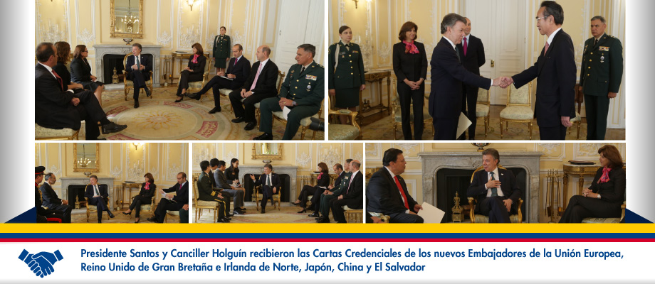 Presidente Santos y Canciller Holguín recibieron las Cartas Credenciales de los nuevos embajadores de la Unión Europea, Reino Unido de Gran Bretaña e Irlanda de Norte, Japón, China y El Salvador en Colombia