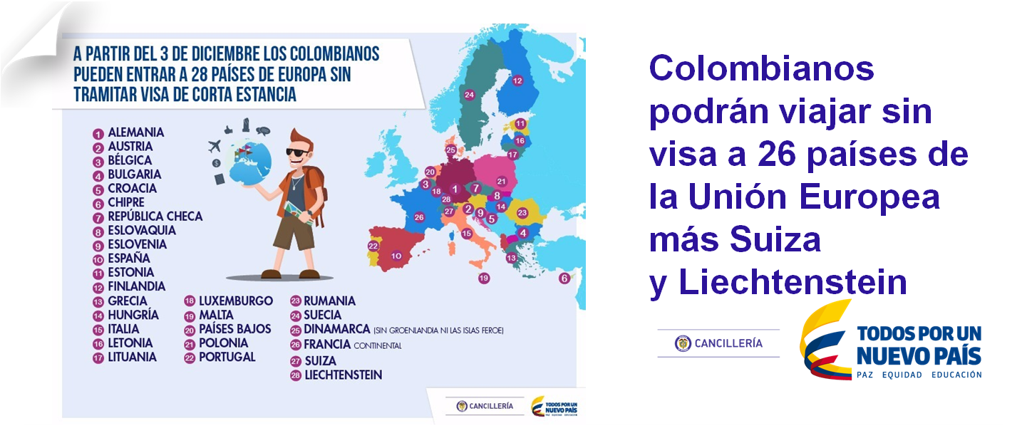 Colombianos pueden viajar sin visa a 26 países de la Unión Europea más Suiza y Liechtenstein