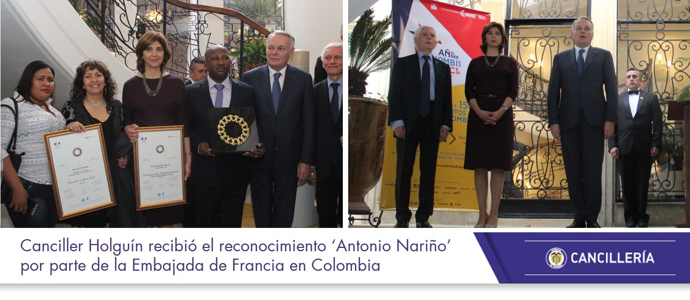 Canciller Holguín recibió el reconocimiento ‘Antonio Nariño’ por parte de Embajada de Francia en Colombia
