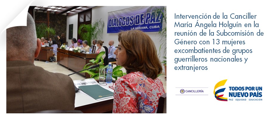 Intervención de la Canciller María Ángela Holguín en la reunión de la Subcomisión de Género con 13 mujeres excombatientes de grupos guerrilleros nacionales y extranjeros 