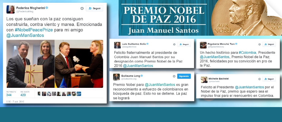 Personalidades del mundo felicitan al Presidente Santos por el Premio Nobel de Paz 2016