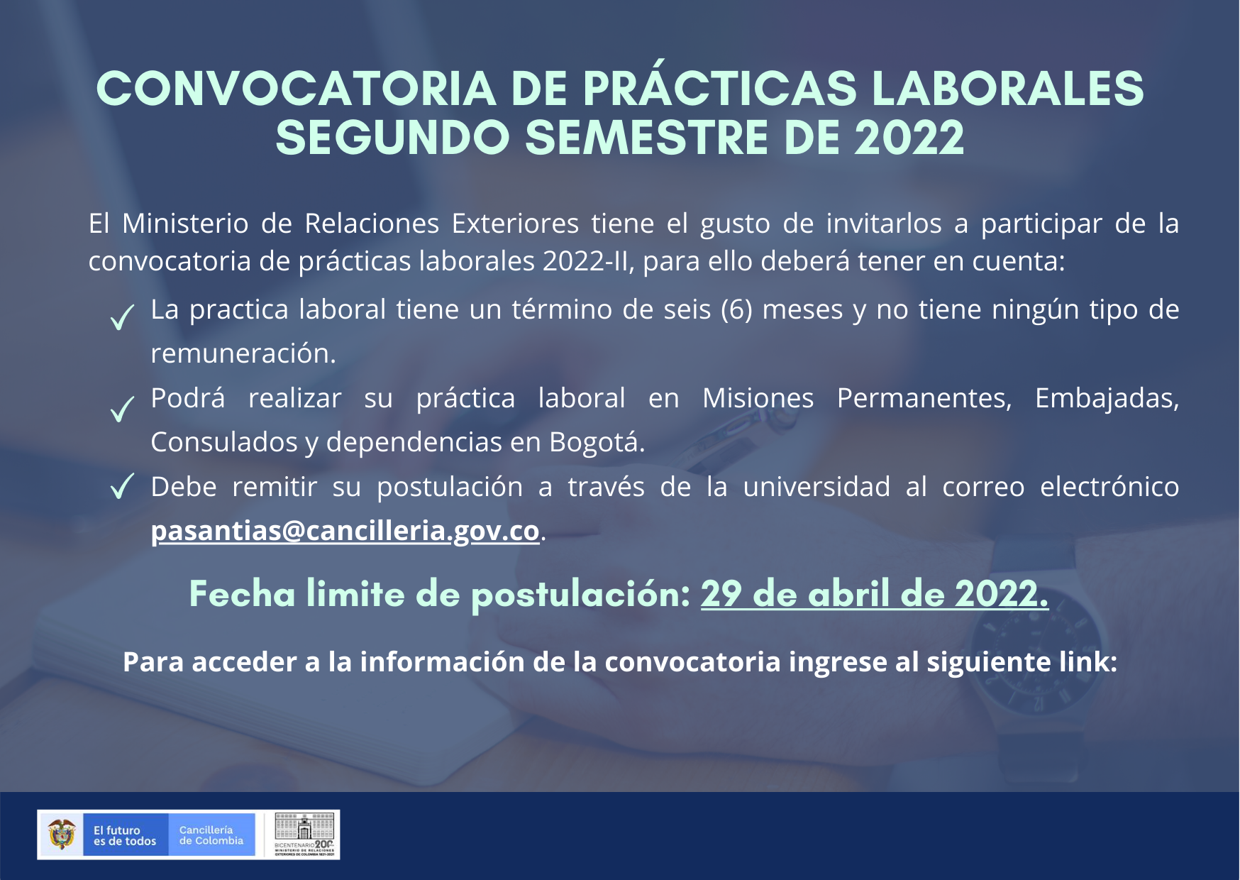 Convocatoria de prácticas laborales para el segundo semestre de 2022