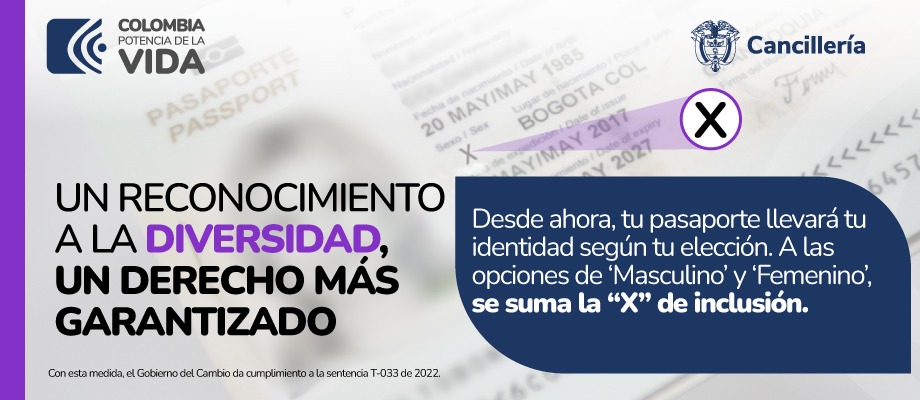 La Cancillería reconoce la diversidad de género con la inclusión de la categoría “X” en el pasaporte colombiano