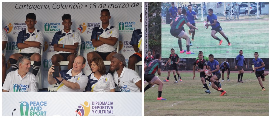 Canciller Holguín disfruta junto al Príncipe de Mónaco, el Presidente de Peace and Sport y el futbolista Didier Drogba de la final del torneo de Rugby de la iniciativa de Cancillería 