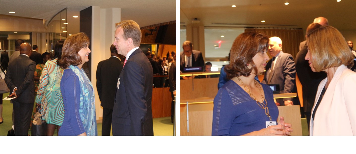 Canciller de Noruega y Alta Representante de la UE para Asuntos Exteriores saludan a la Ministra Holguín durante Asamblea General de la ONU