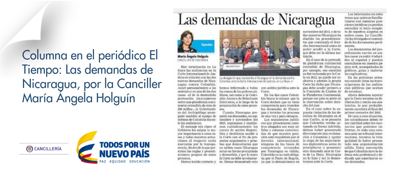Columna en el periódico El Tiempo: Las demandas de Nicaragua, por la Canciller María Ángela Holguín