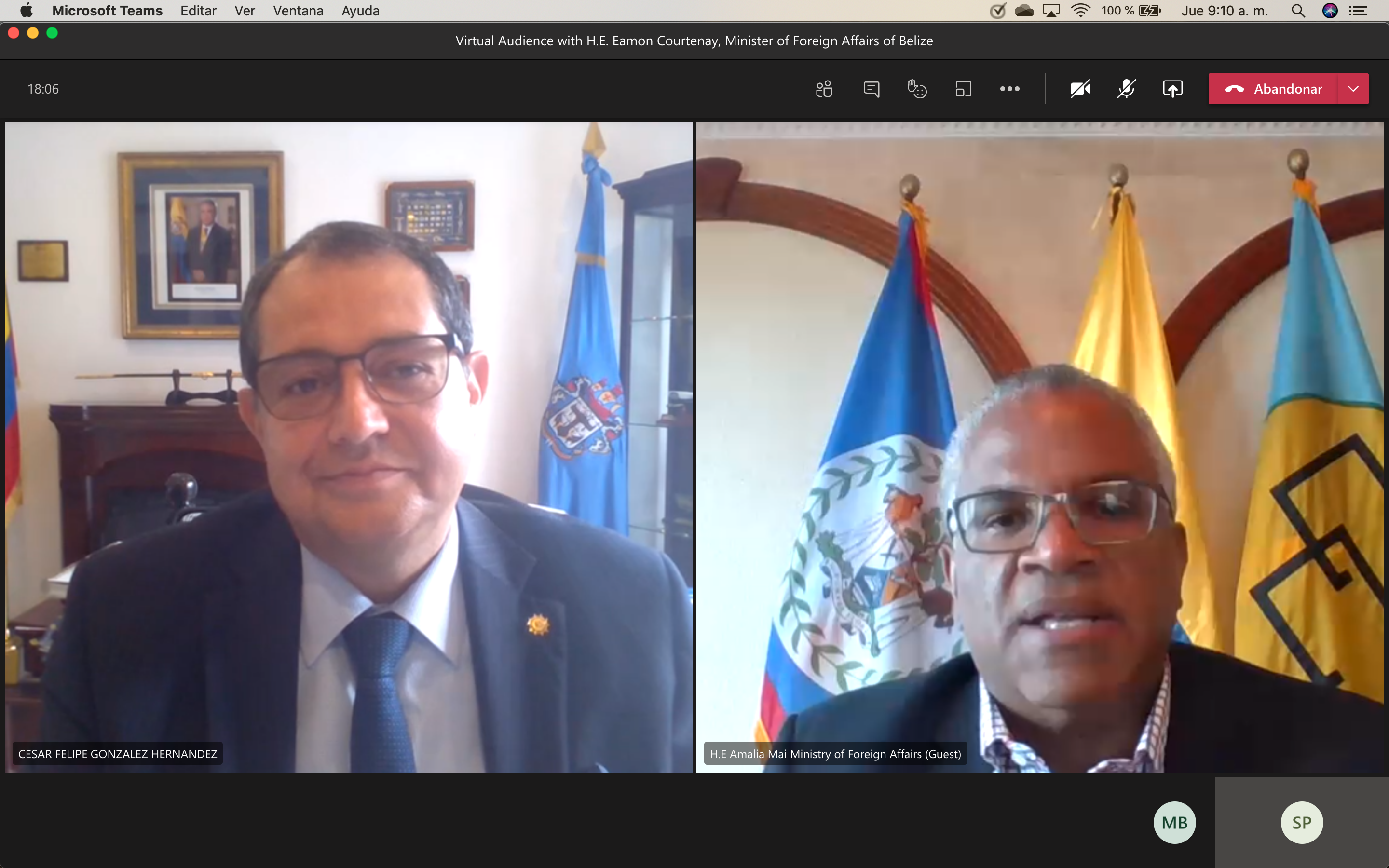 Audiencia virtual entre el Embajador de Colombia en El Salvador concurrente para Belice y el Ministro de Asuntos Exteriores