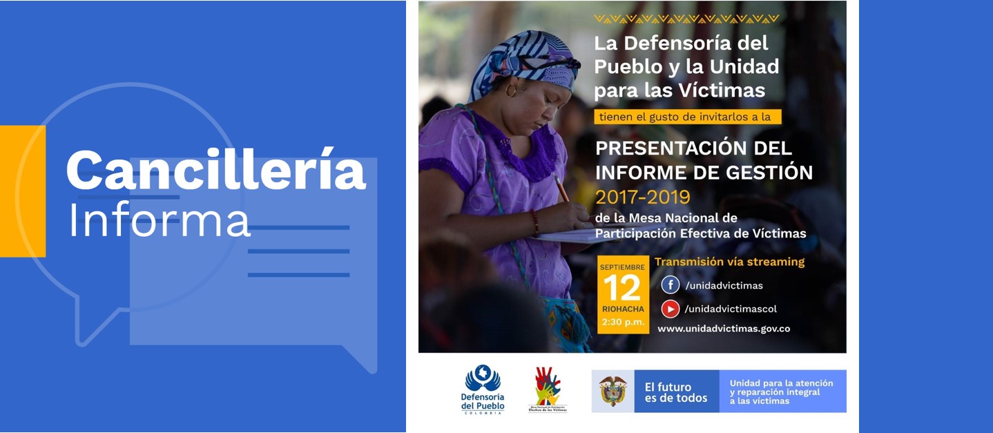 Informe de Gestión de la Mesa Nacional de Participación Efectiva de las Víctimas periodo 2017-2019 será trasmitido vía streaming el jueves 12 de septiembre 2019