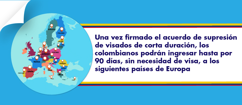 Una vez firmado el acuerdo de supresión de visados de corta duración, los colombianos podrán ingresar hasta por 90 días, sin necesidad de visa, a los siguientes países de Europa