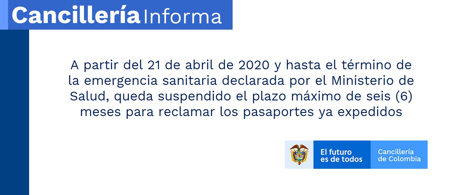 A partir del 21 de abril de 2020 y hasta el término de la emergencia sanitaria declarada por el Ministerio de Salud, queda suspendido el plazo máximo de seis (6) meses para reclamar los pasaportes ya expedidos