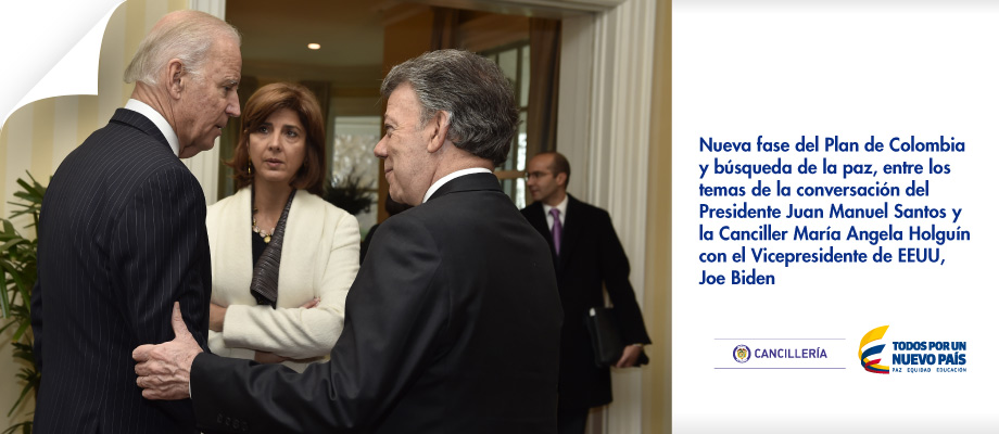 Nueva fase del Plan de Colombia y búsqueda de la paz, entre los temas de la conversación del Presidente Juan Manuel Santos y la Canciller María Angela Holguín  con el Vicepresidente de EEUU, Joe Biden 