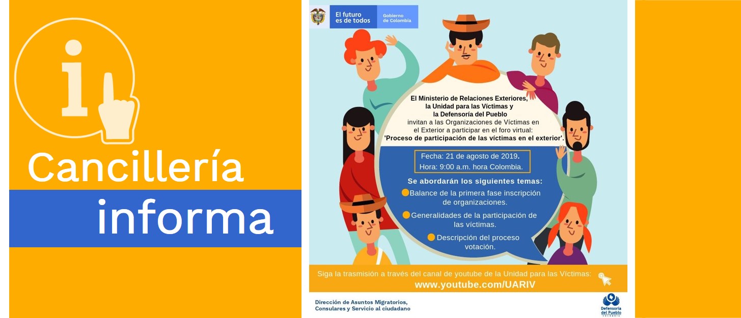 Cancillería invita a las organizaciones de víctimas en el exterior a participar en el foro virtual que se realizará el próximo 21 de agosto de 2019